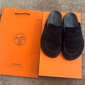 Hermes Black Suede Mules